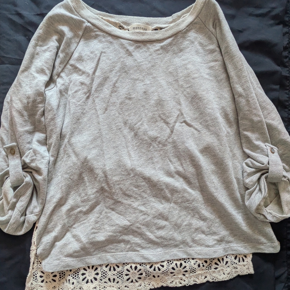 Monteau Light Gray Boatneck Top with Crochet Trim